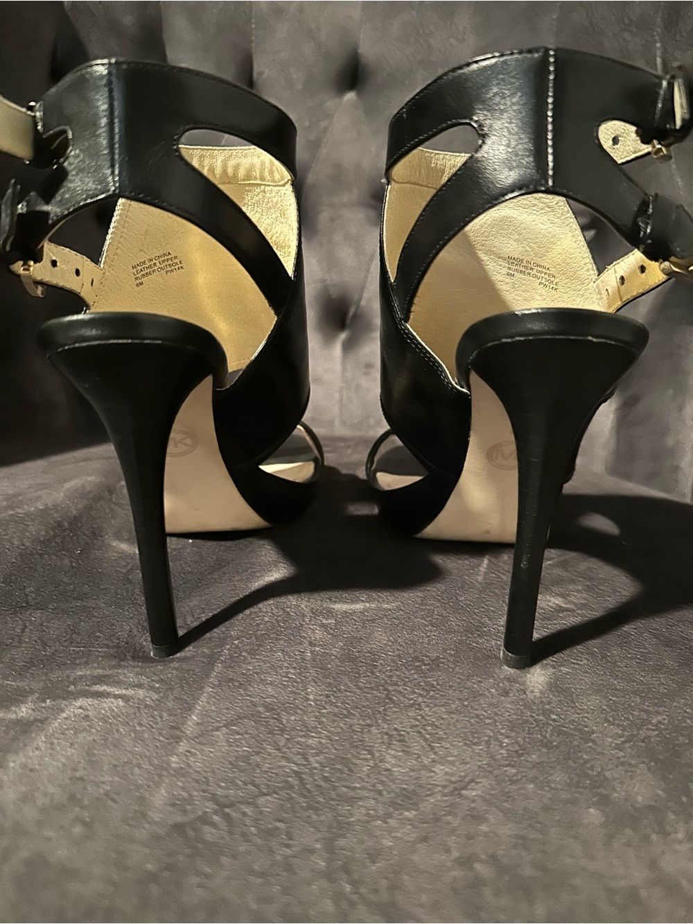 Michael Kors Asta Black Leather Open-Toe Ankle Strap Heels with Gold Buckles - Picture 3 of 7